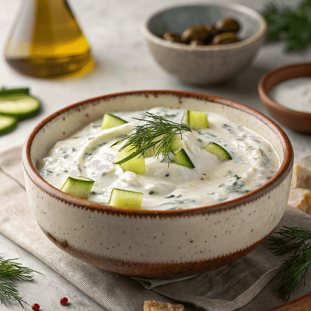 Full bowl view of thick tzatziki sauce with cucumber, dill, and olive oil garnish.