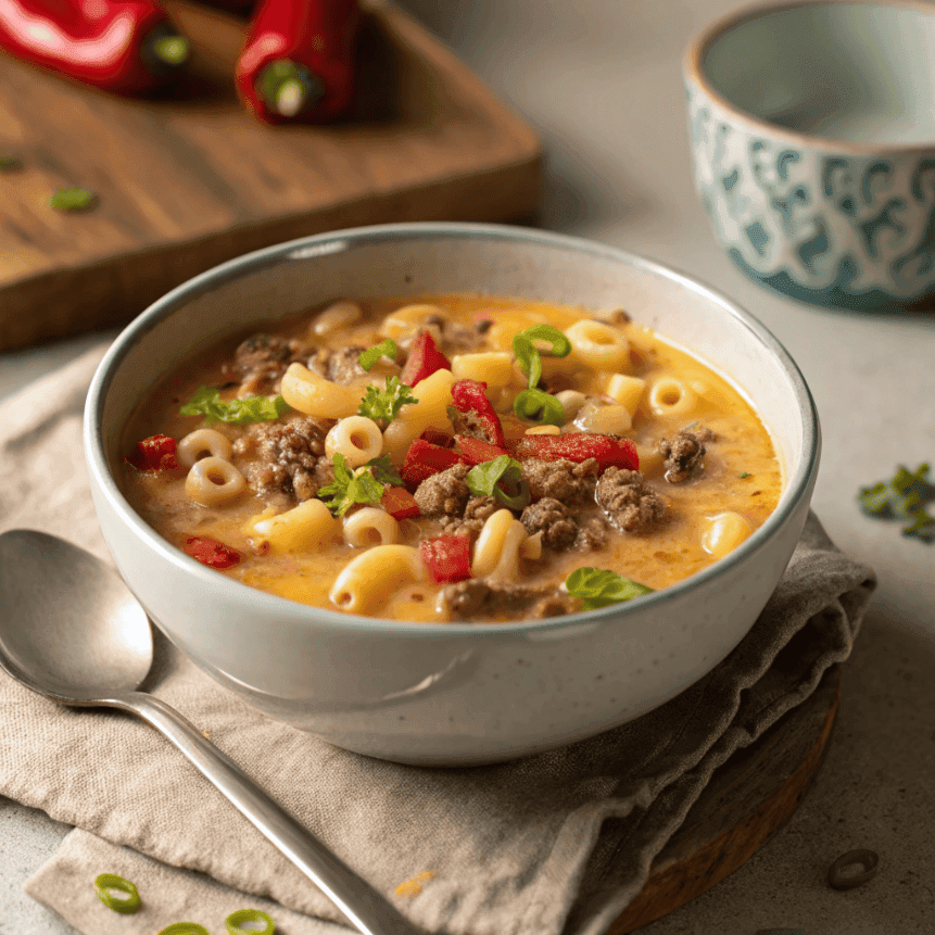 Full bowl of creamy cheeseburger macaroni soup with pasta and ground beef.