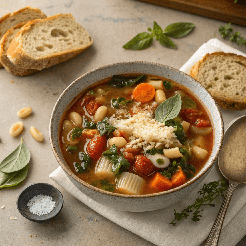 Full bowl of winter minestrone soup with vegetables, beans, pasta, and bread.