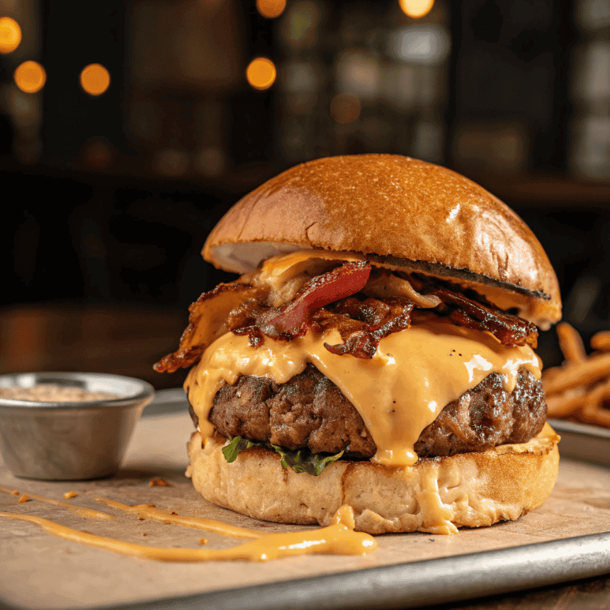Full view of a crack burger with melted cheese, bacon, and creamy sauce.