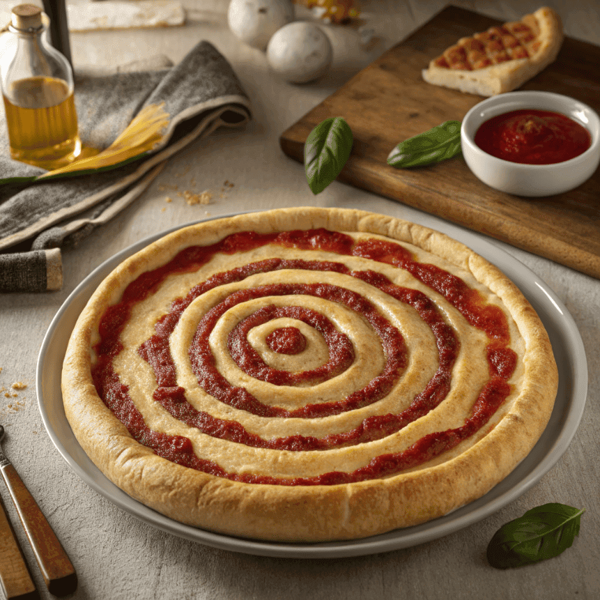 Cheesy Pepperoni Pizza Spiral Roll | Easy Pizza Bread 2 Full view of a jumbo pepperoni-stuffed pizza spiral with cheese and basil.