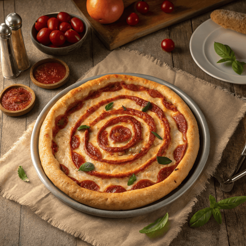 Cheesy Pepperoni Pizza Spiral Roll | Easy Pizza Bread 1 Pepperoni-stuffed pizza spiral with golden dough on a clean white background.