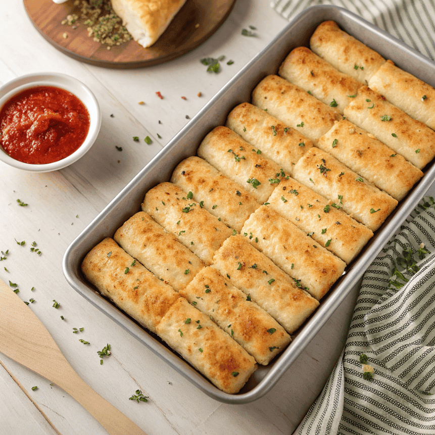 Full platter of pizza-style cheese sticks with melted cheese and marinara sauce.