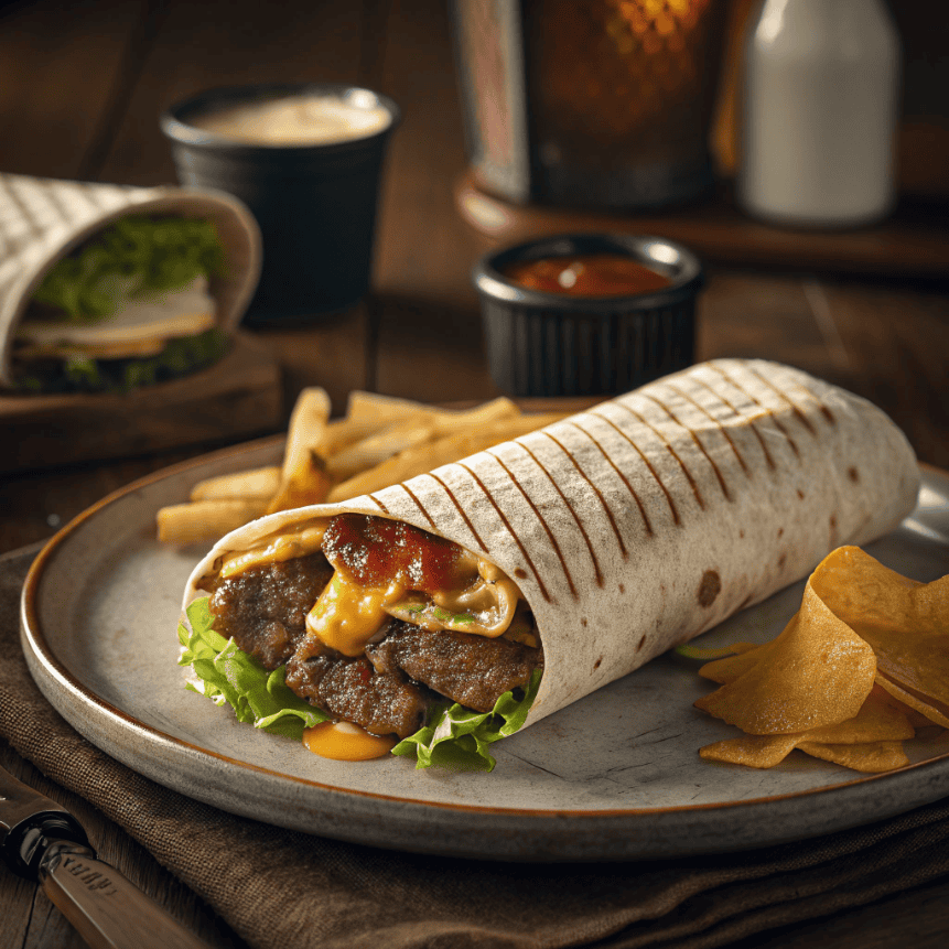 Plate of homemade Big Mac wraps cut in half with cheesy beef filling.