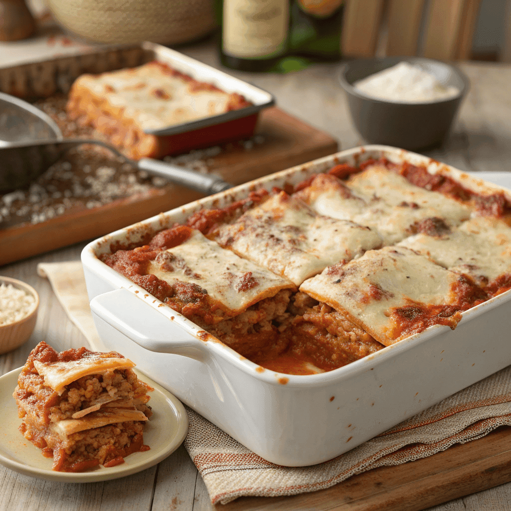 Whole pan of Sicilian lasagna with one slice removed showing layered pasta, meat sauce, and melted cheese.