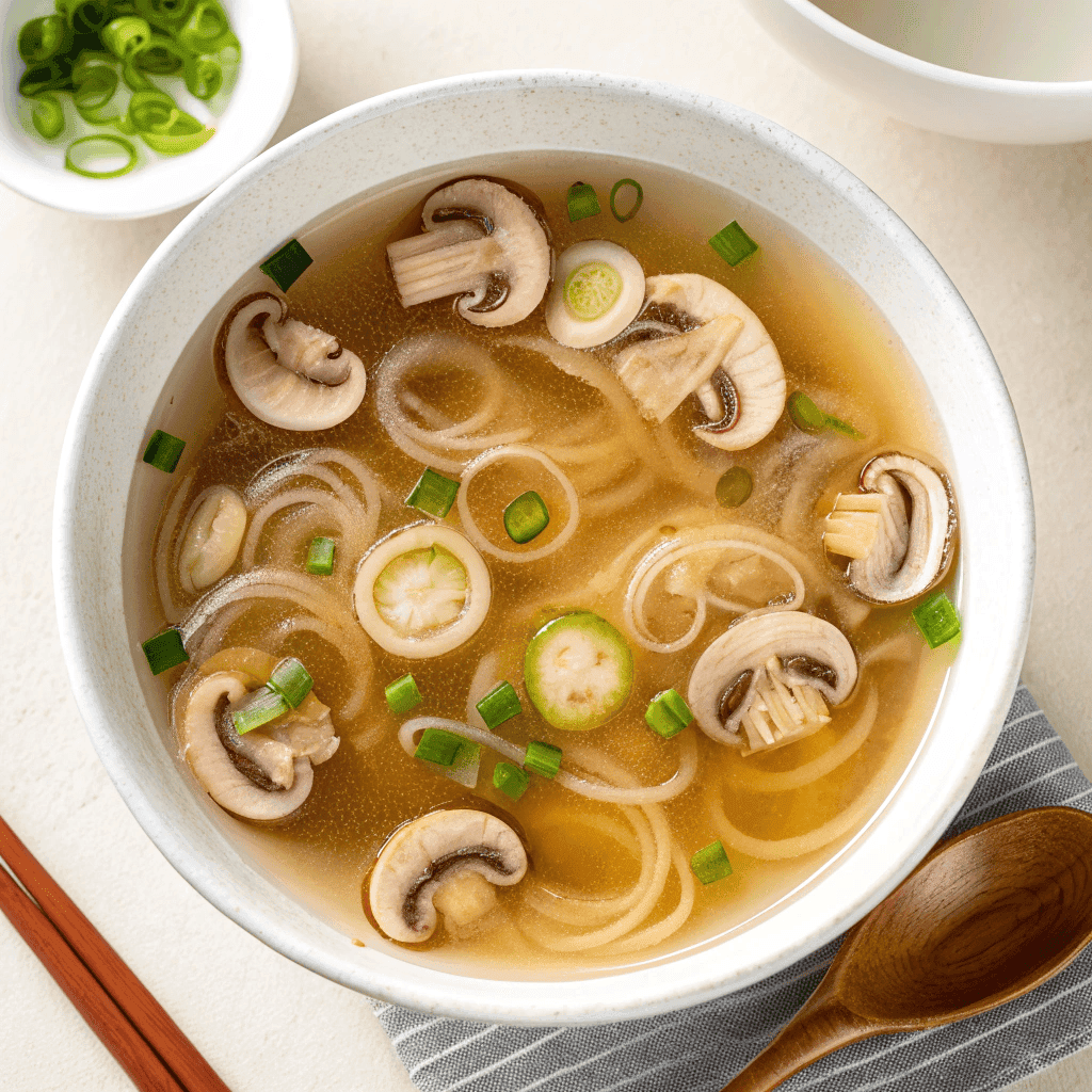 Japanese Clear Onion Soup : Light, Flavorful Hibachi-Inspired Broth 2 Top-down view of Japanese clear onion soup with transparent broth, mushroom slices, and scallions.
