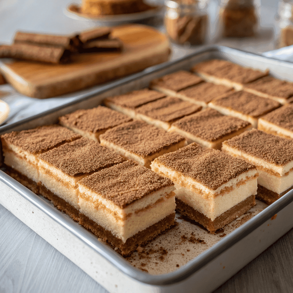 Whole tray of churro cheesecake bars showing cinnamon sugar crust and creamy cheesecake layers.