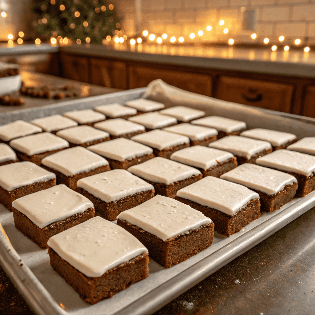 Whole tray of frosted gingerbread brownies with smooth white frosting and dense gingerbread base.