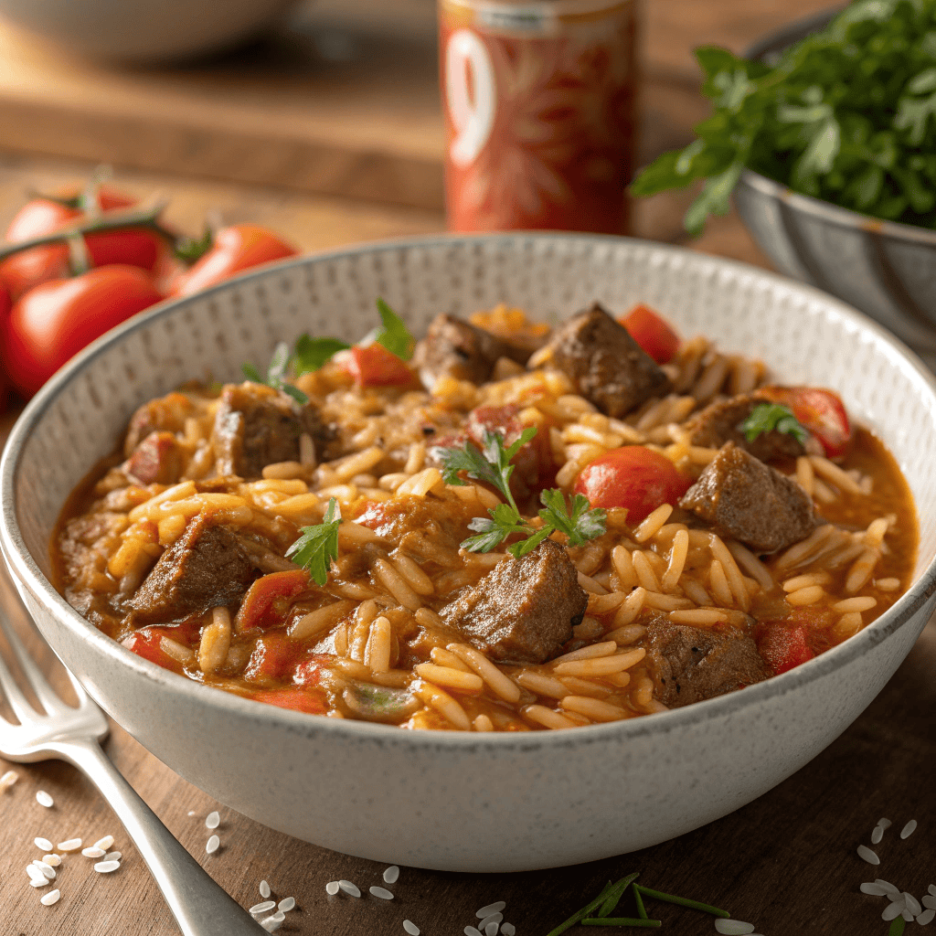 Full bowl of Greek beef orzo pasta with tomato sauce and tender beef chunks.
