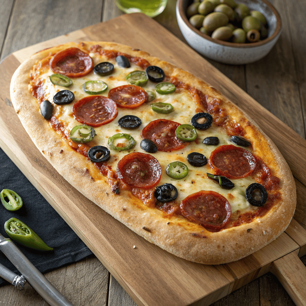 Whole hot honey flatbread pizza with melted cheese, pepperoni, jalapeños, olives, and sweet spicy honey drizzle.