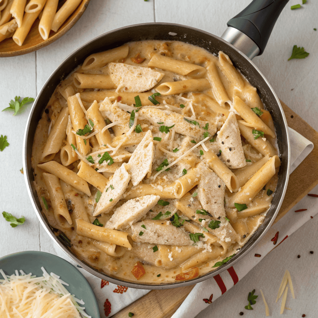 Full skillet of creamy chicken penne pasta with seared chicken, parmesan, and herbs.