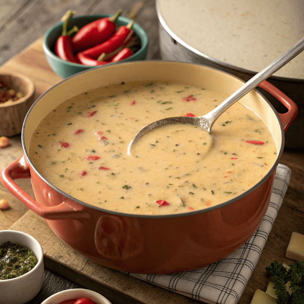 Full pot of Dolly Parton’s Stampede Soup with creamy golden texture and herb garnish.