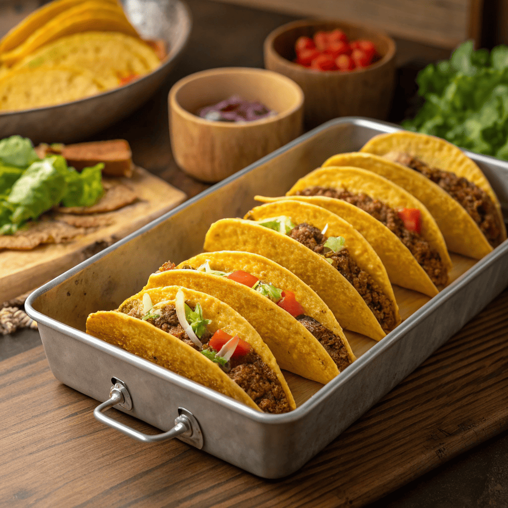 Full pan of oven baked cheesy tacos with crispy shells, seasoned ground beef, melted cheese, and fresh toppings.