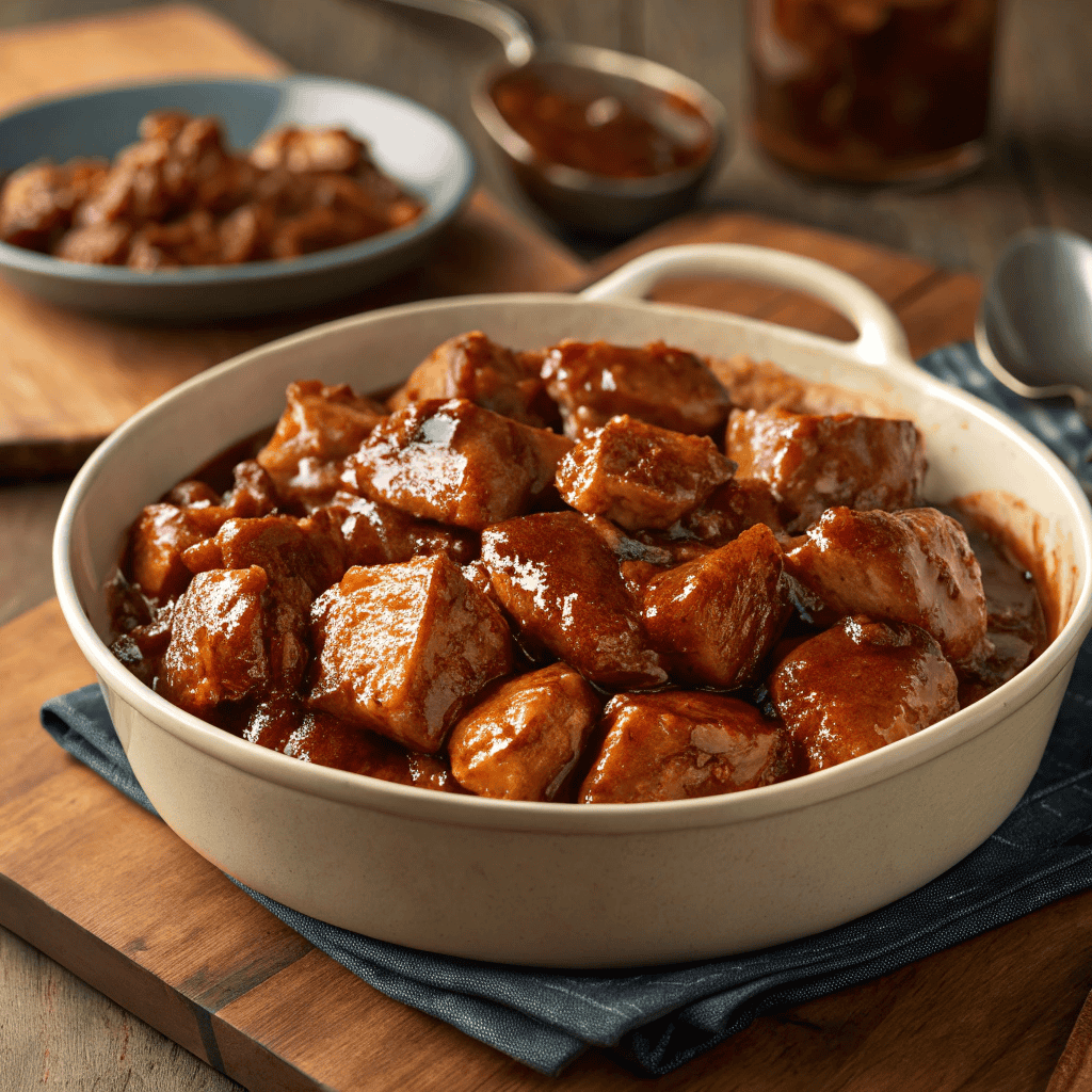 Full bowl of Sweet Baby Ray’s crockpot chicken covered in rich caramelized barbecue sauce.
