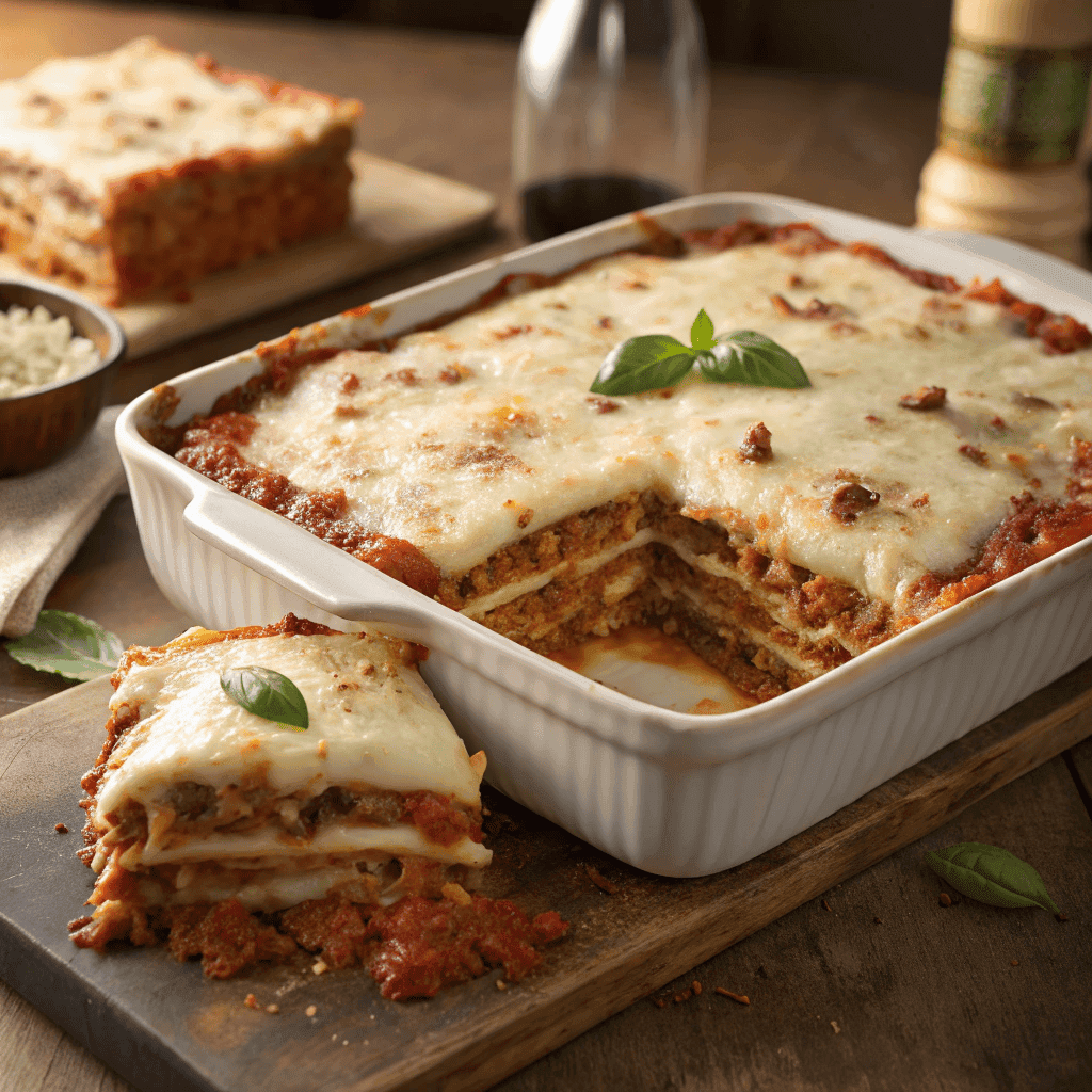 Whole baked Million Dollar Lasagna in a pan with one slice removed showing rich layered interior.